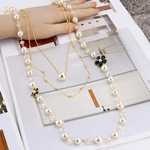 Sautoir Perles Long Fleur Camélia Femme - Mariage Élégant | MDN