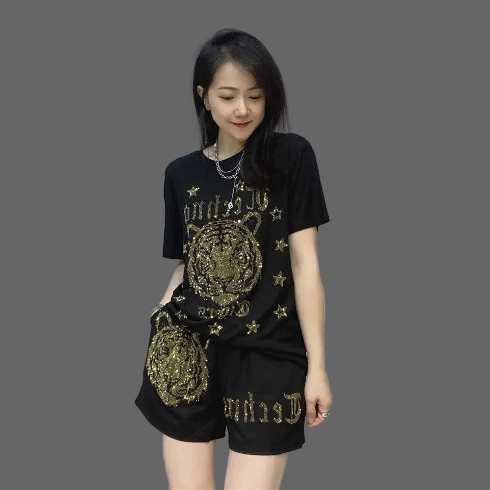 Ensemble Grande Taille T-shirt Tigre Brodé & Short | MDN