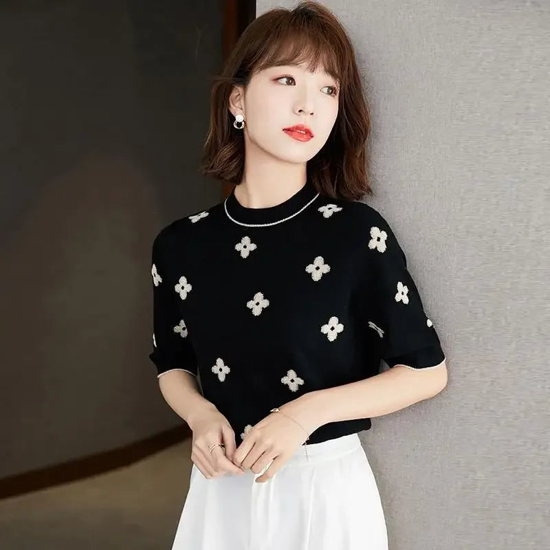Pull Femme Brodé Fleurs Manche Courte Été Élégant - MDN
