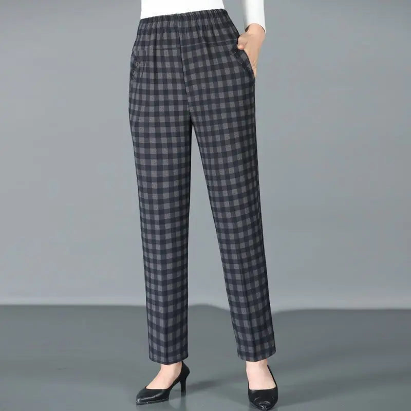 Pantalon Femme Carreaux Taille Élastique - Longueur Cheville Automne Hiver | MDN
