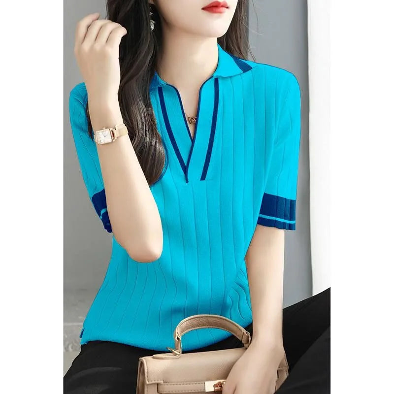 Pull Femme Polo Manche Courte Col V Tricoté Été Coréen - MDN
