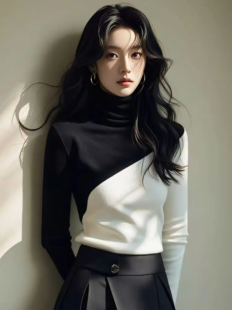 Pull Femme Slim Col Roulé Manches Longues Noir Blanc Bureau Automne Hiver | MDN