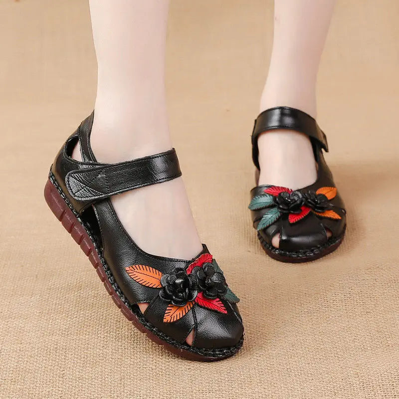 Sandales Cuir Plates Florales Lorilury | MDN