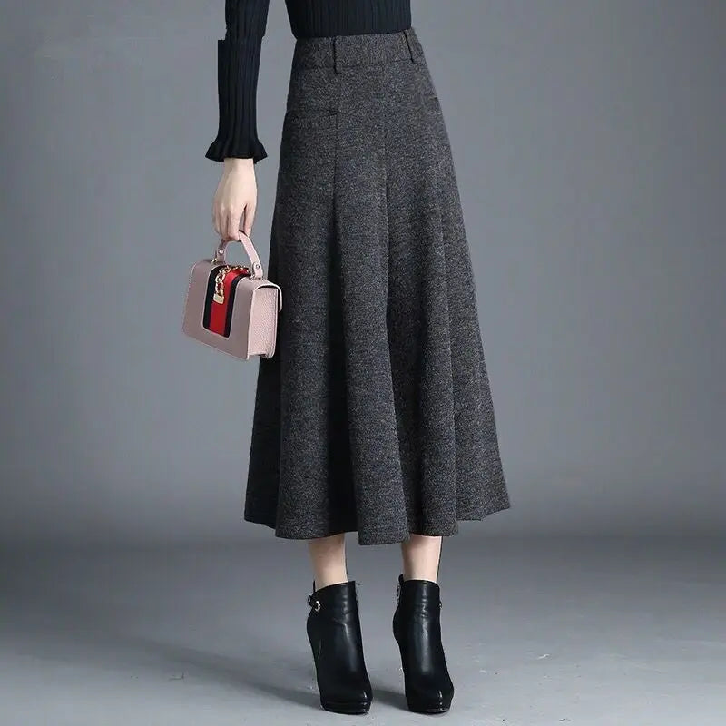 Pantalon Large Femme Laine Taille Haute Élastique Noir Automne Hiver | MDN