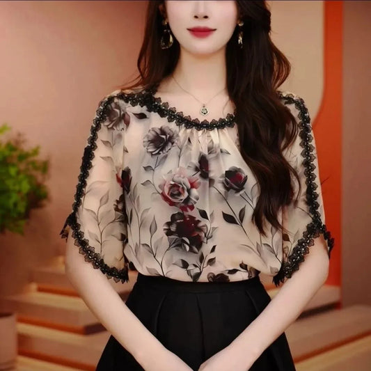 Top Dentelle Manches Courtes Floral Rose | MDN