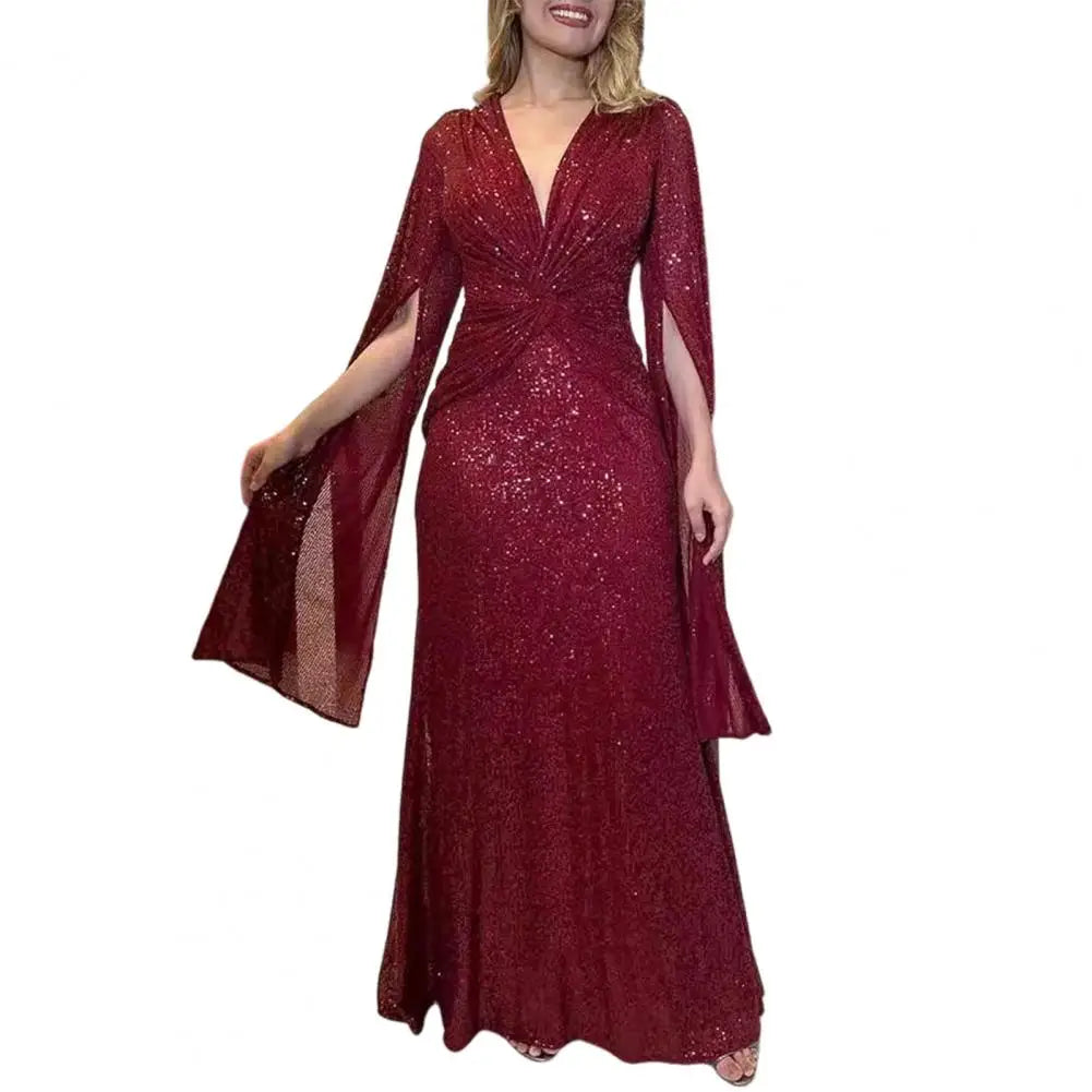 Robe Soirée Paillettes Col V Longue | MDN