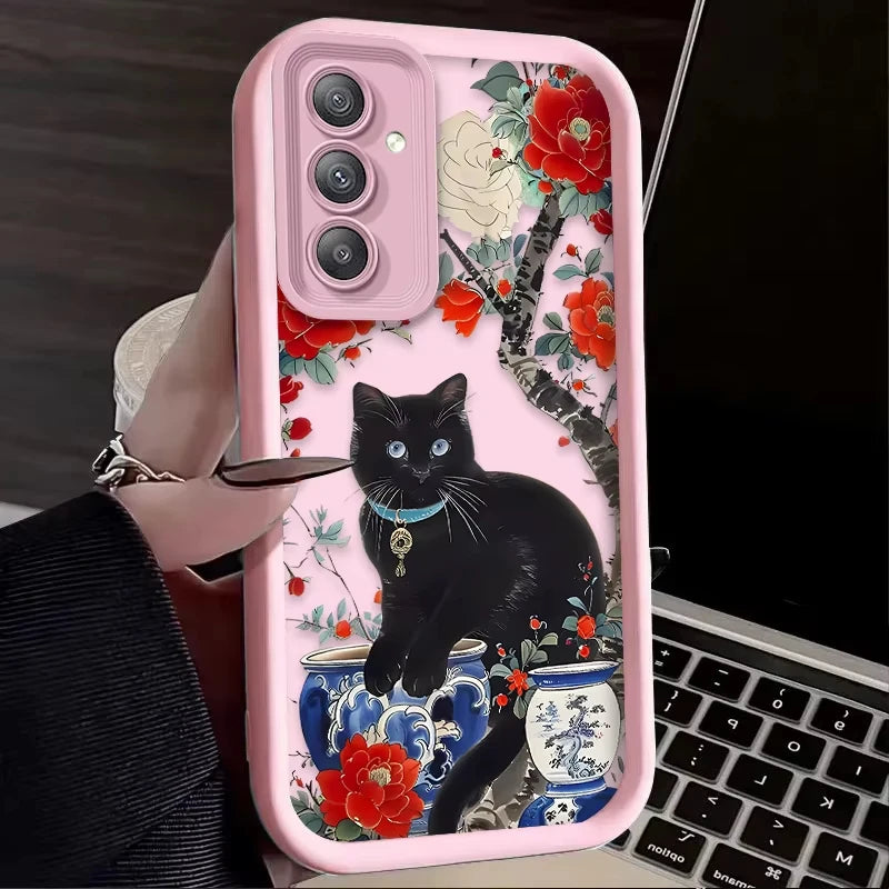 Coque Samsung Chat Noir Fleur Artistique - S24 S23 S22 A55 A54 | MDN