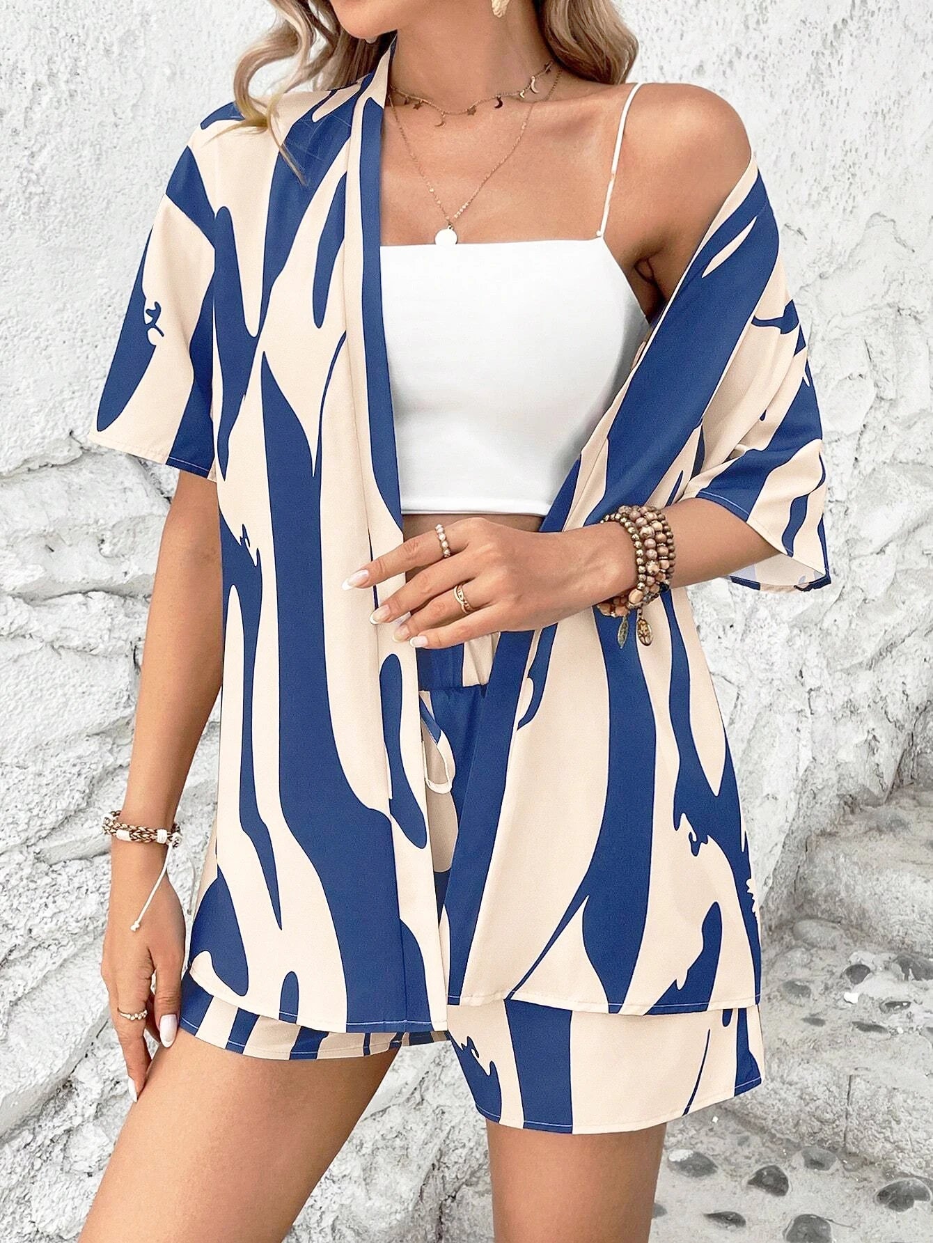 Ensemble Cardigan et Short Imprime Colorblock Femme Casual | MDN Store 25