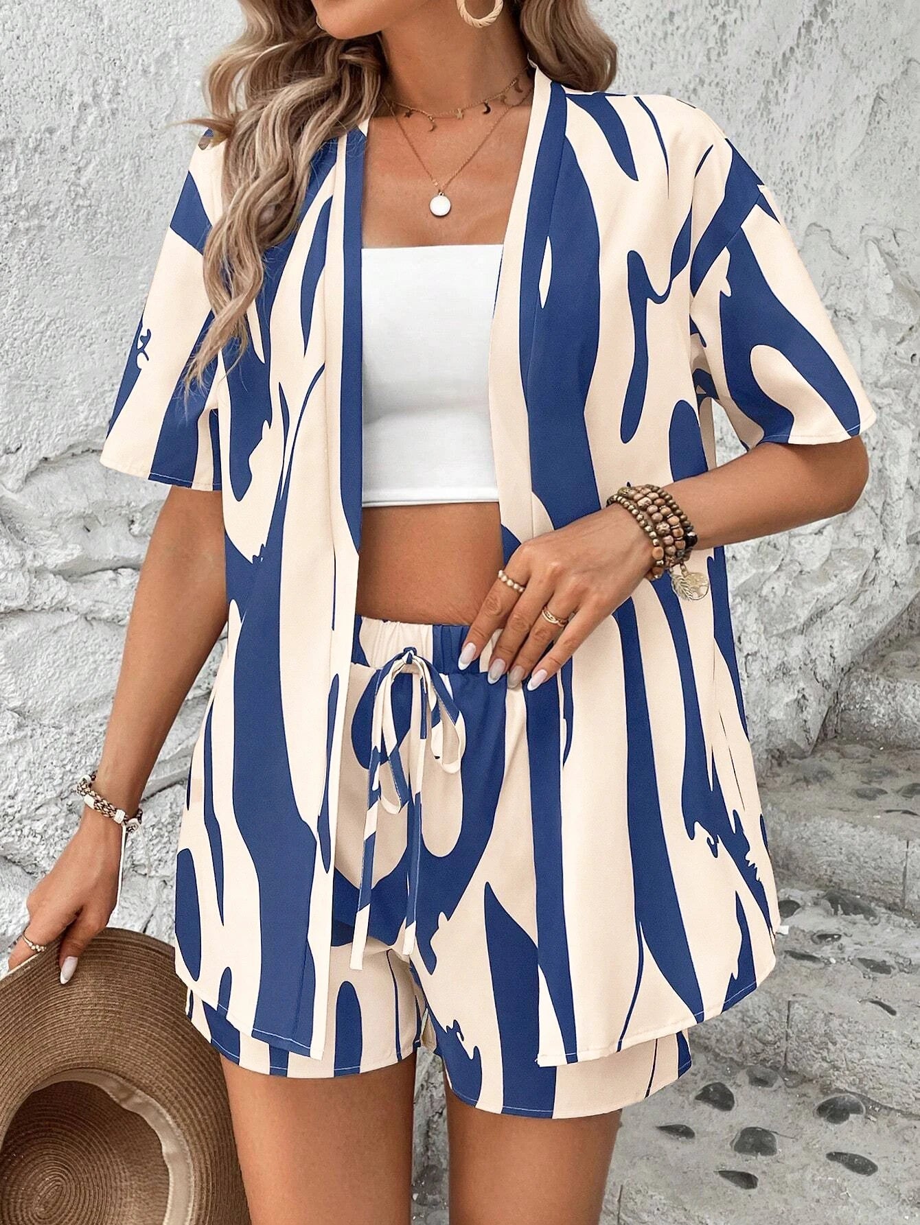Ensemble Cardigan et Short Imprime Colorblock Femme Casual | MDN Store 25