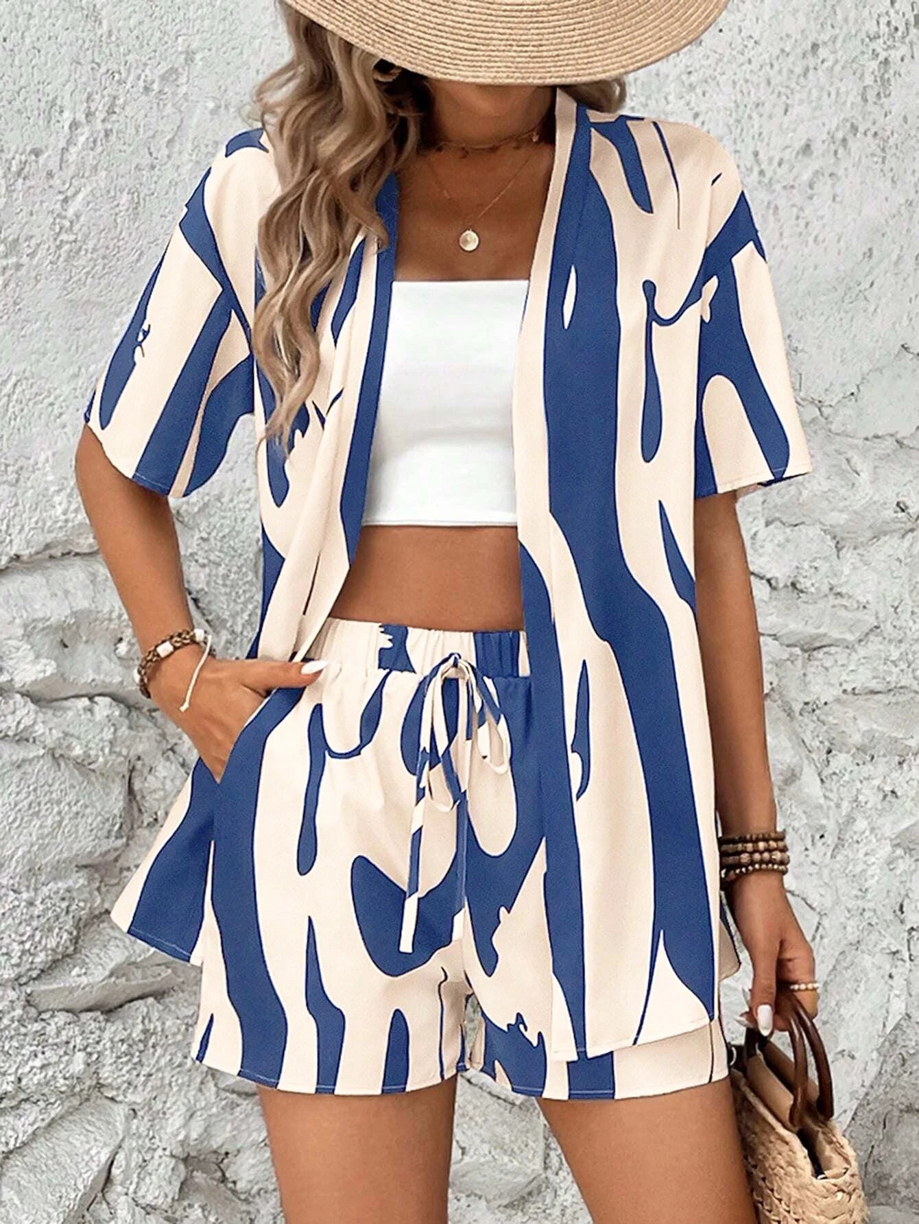 Ensemble Cardigan et Short Imprime Colorblock Femme Casual | MDN Store 25