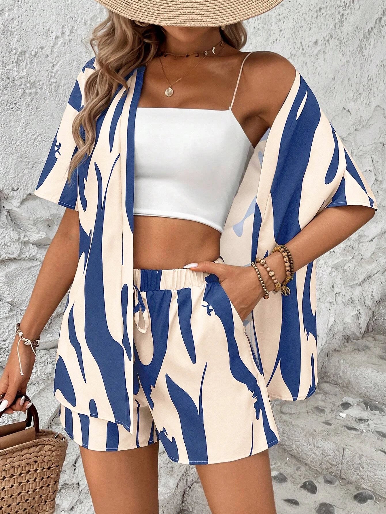 Ensemble Cardigan et Short Imprime Colorblock Femme Casual | MDN Store 25
