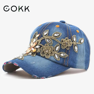 Casquette Baseball Denim Broderie Fleur Femme Reglable Ete | MDN Store 25