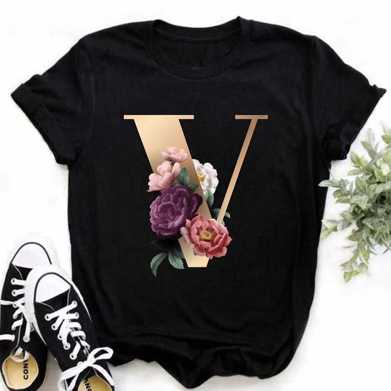 T-Shirt Alphabet Imprimé Femme Style Harajuku Décontracté | MDN Store 25