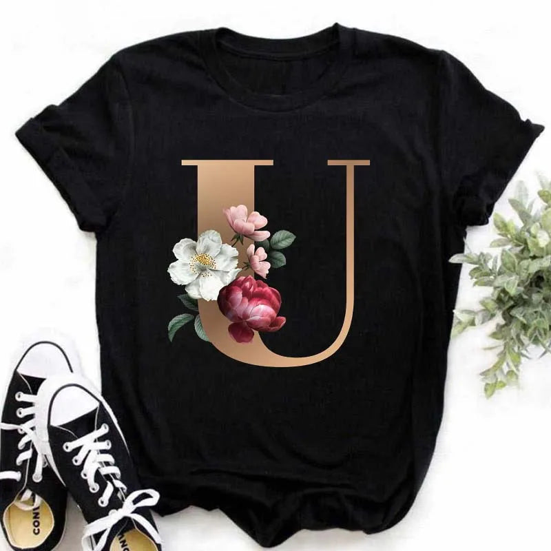 T-Shirt Alphabet Imprimé Femme Style Harajuku Décontracté | MDN Store 25