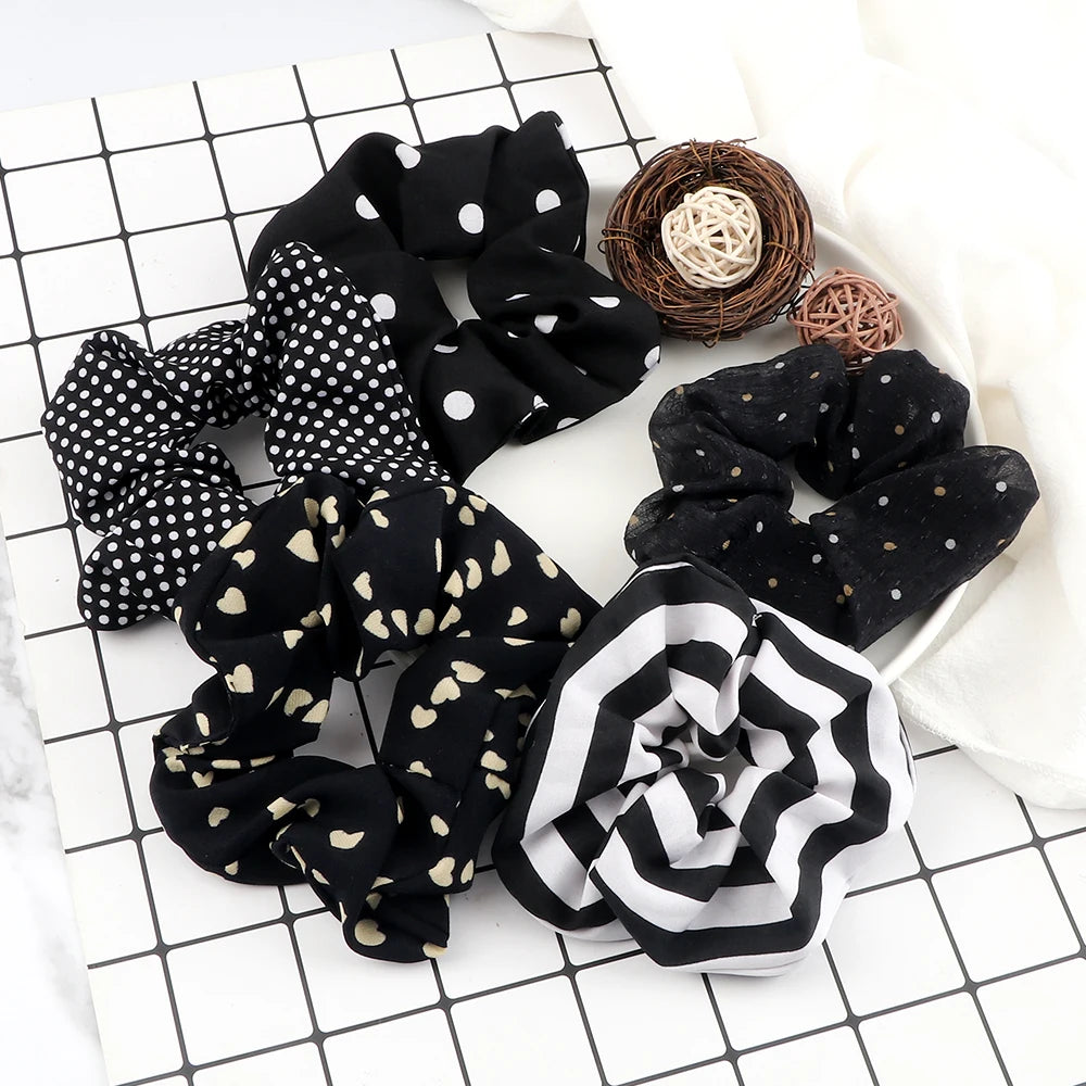 Lot de 3-5 Chouchous Satin Noir et Blanc - Élastiques Cheveux Élégants | MDN Store