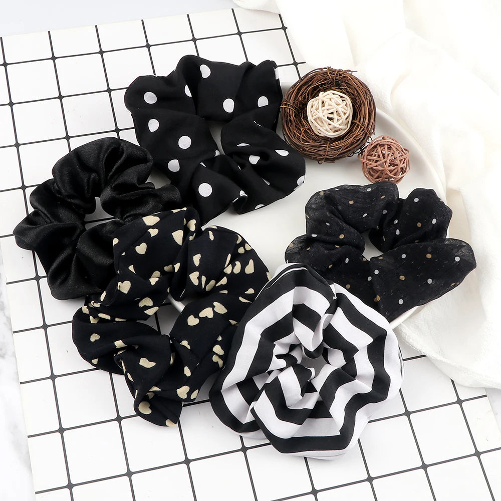 Lot de 3-5 Chouchous Satin Noir et Blanc - Élastiques Cheveux Élégants | MDN Store
