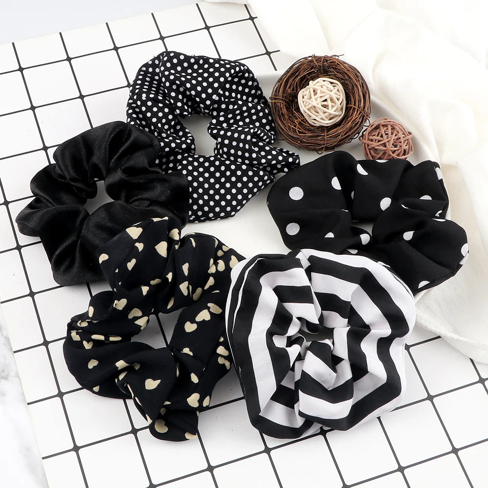 Lot de 3-5 Chouchous Satin Noir et Blanc - Élastiques Cheveux Élégants | MDN Store