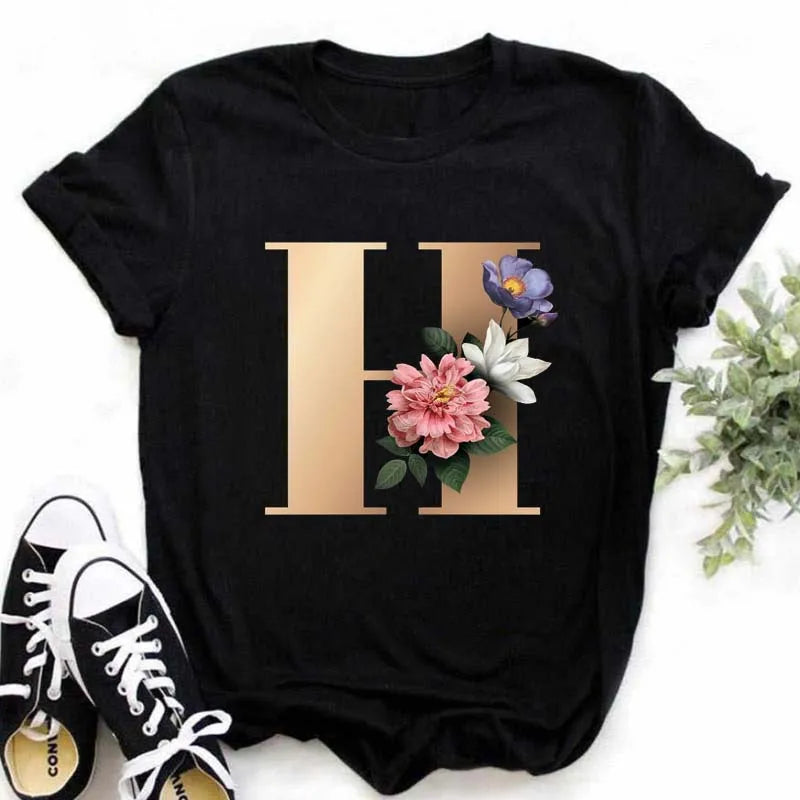 T-Shirt Alphabet Imprimé Femme Style Harajuku Décontracté | MDN Store 25