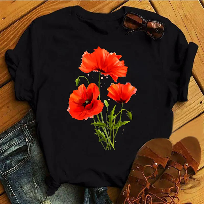 T-Chemise Coquelicot Rouge Noir Harajuku Femme | MDN Store