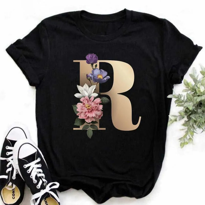 T-Shirt Alphabet Imprimé Femme Style Harajuku Décontracté | MDN Store 25