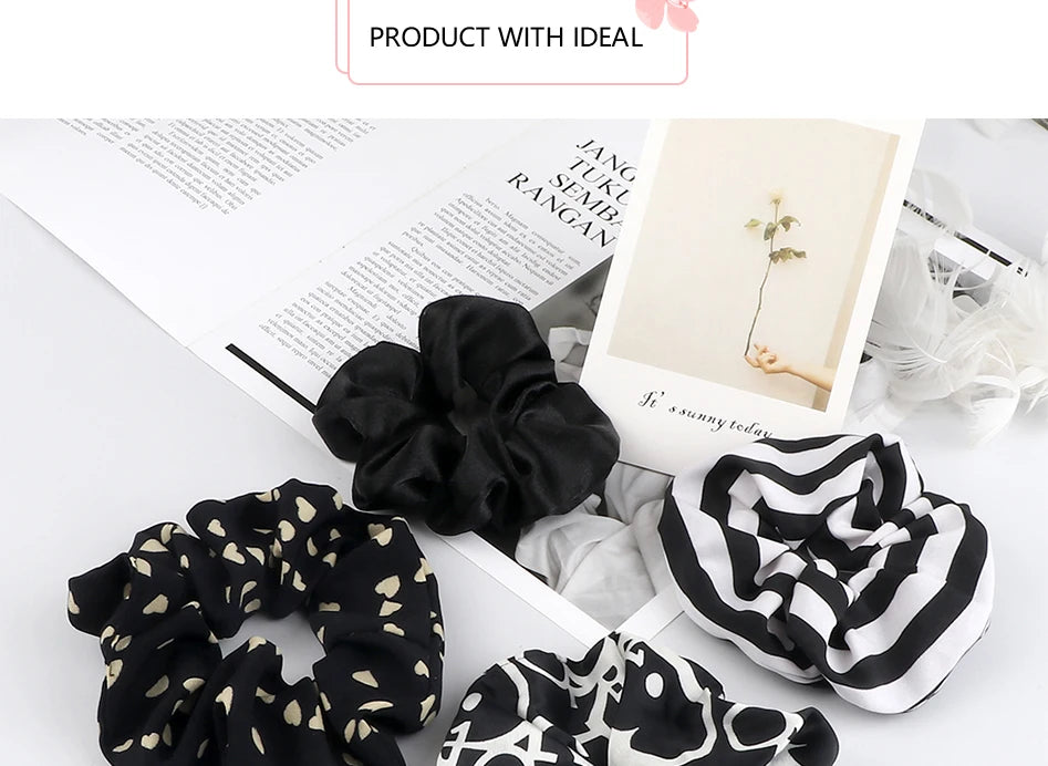 Lot de 3-5 Chouchous Satin Noir et Blanc - Élastiques Cheveux Élégants | MDN Store
