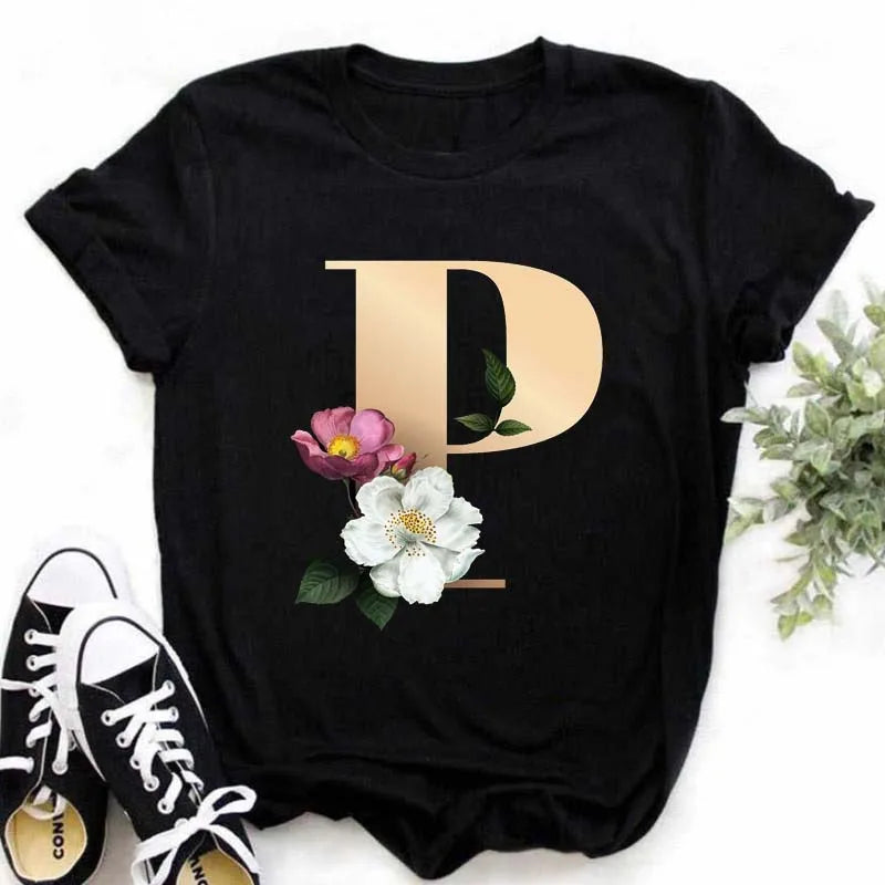 T-Shirt Alphabet Imprimé Femme Style Harajuku Décontracté | MDN Store 25