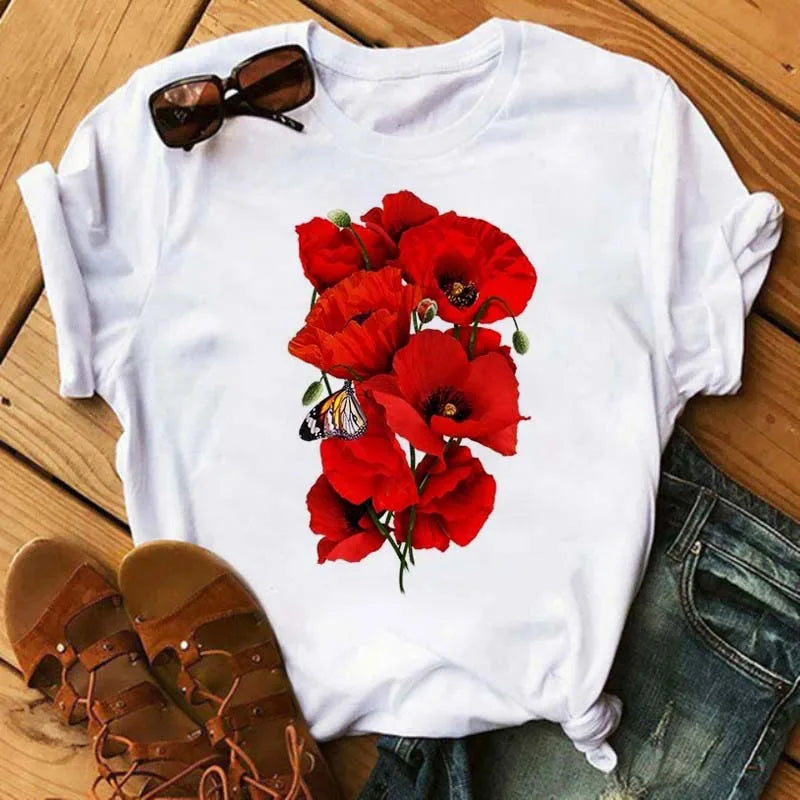 T-Chemise Coquelicot Rouge Noir Harajuku Femme | MDN Store