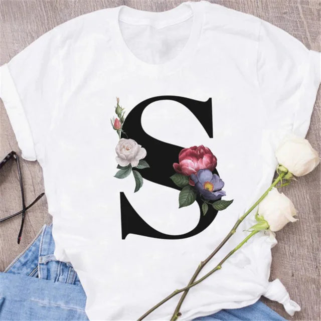 T-Shirt Alphabet Imprimé Femme Style Harajuku Décontracté | MDN Store 25