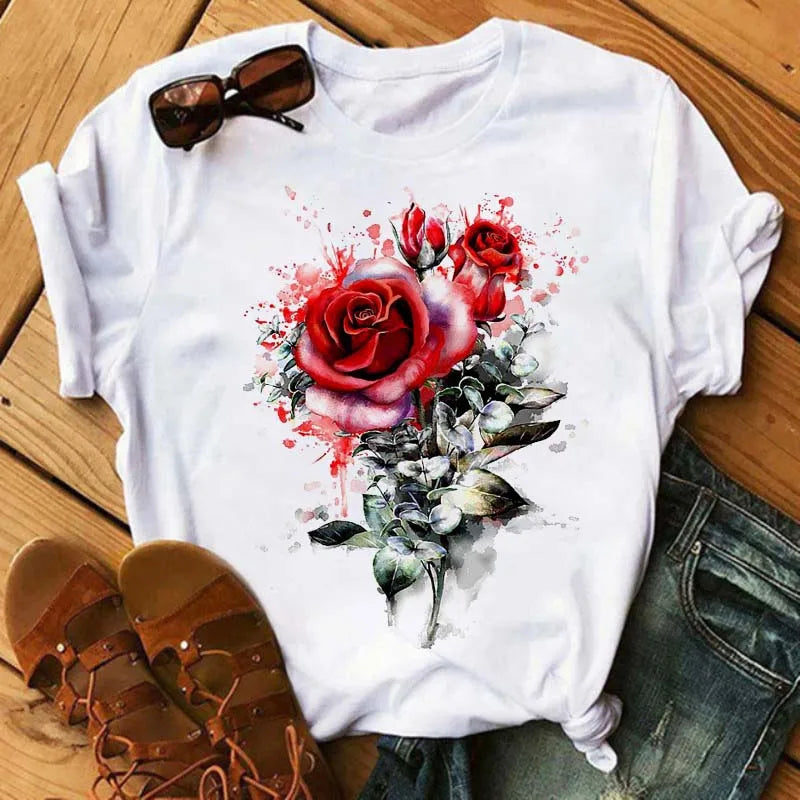 T-Chemise Coquelicot Rouge Noir Harajuku Femme | MDN Store