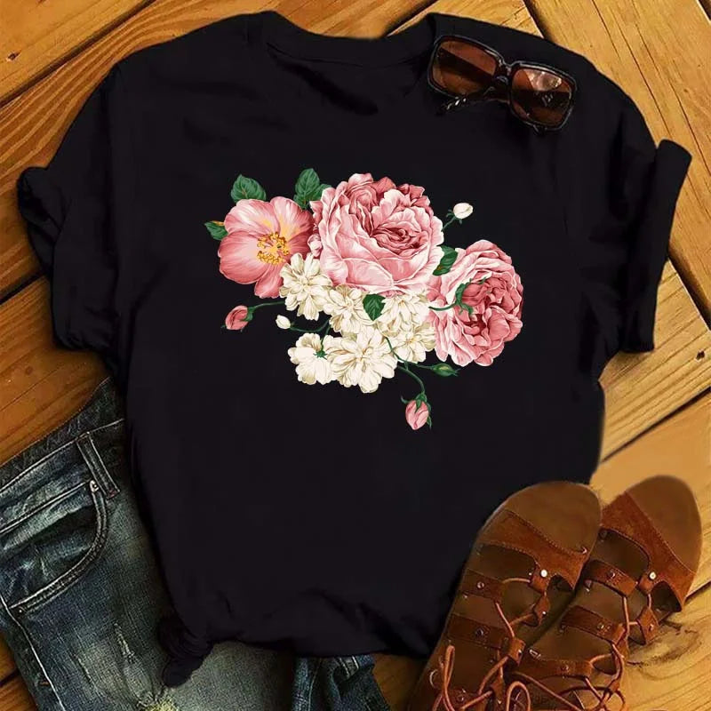 T-Chemise Coquelicot Rouge Noir Harajuku Femme | MDN Store
