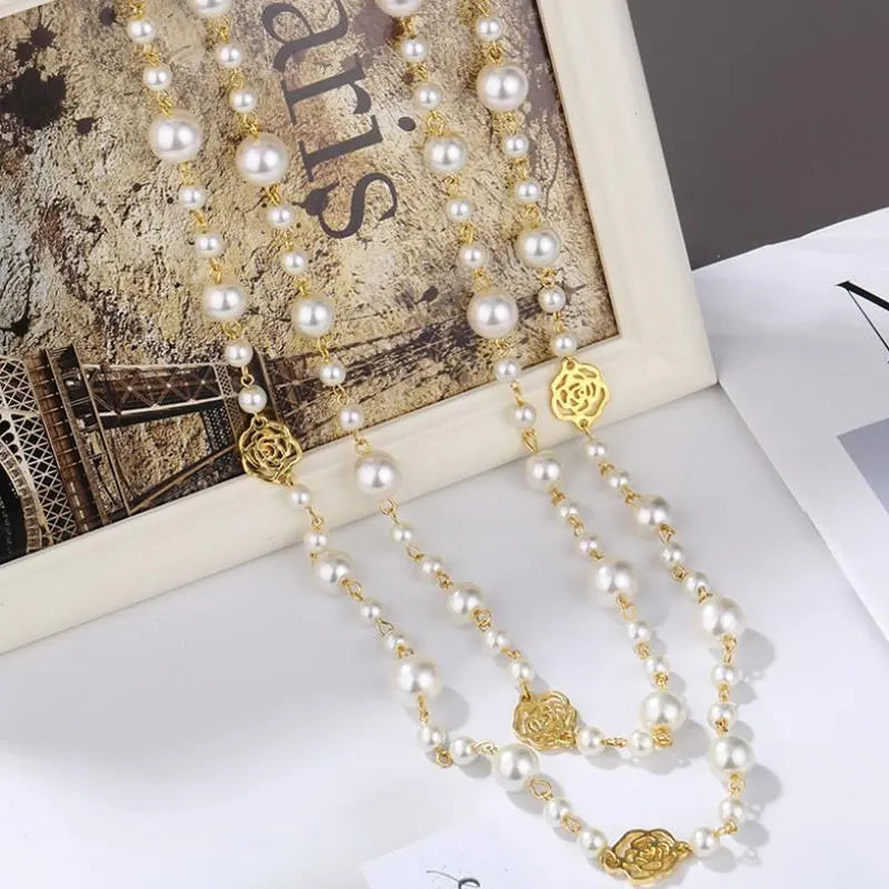 Sautoir Perles Double Rang Fleur Camélia Femme - Long Élégant | MDN Store