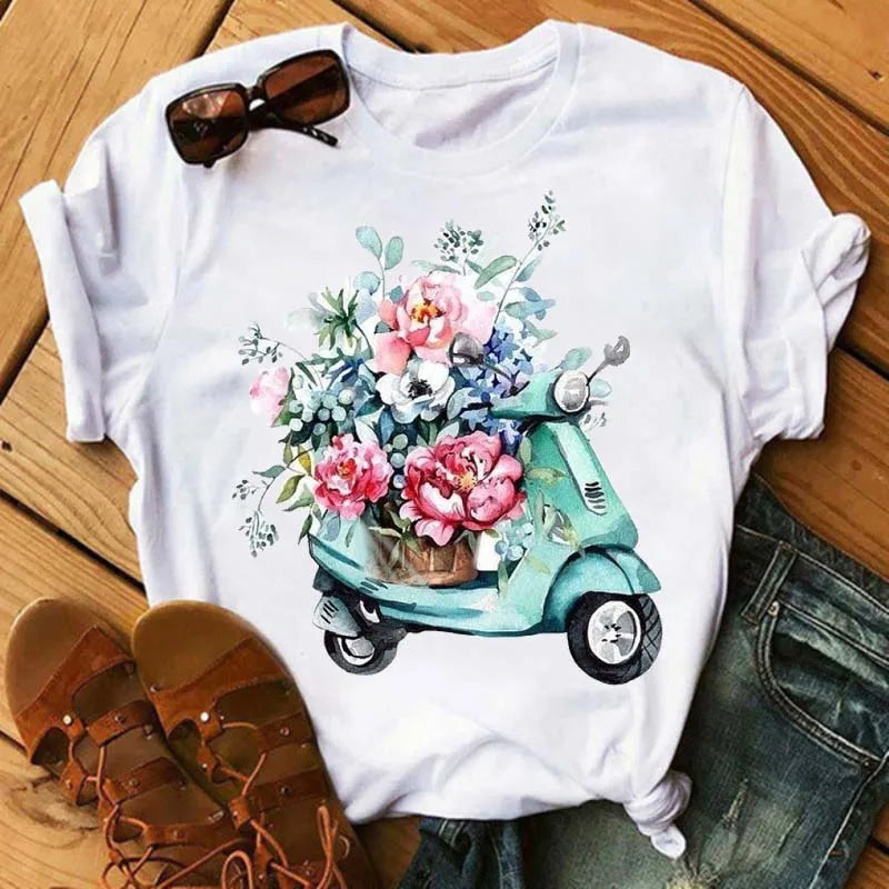 T-Shirt Velo et Tournesol Femme Harajuku Manches Courtes | MDN Store 25
