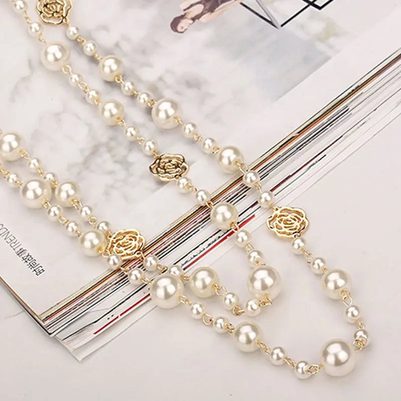 Sautoir Perles Double Rang Fleur Camélia Femme - Long Élégant | MDN Store