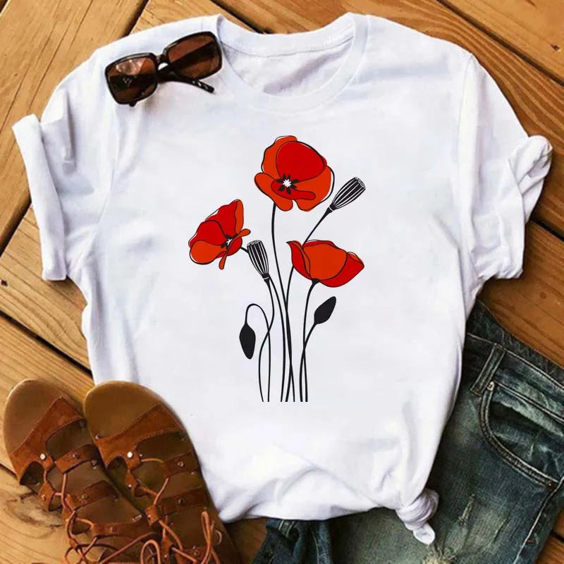 T-Chemise Coquelicots Rouges Style 90s Femme | MDN Store