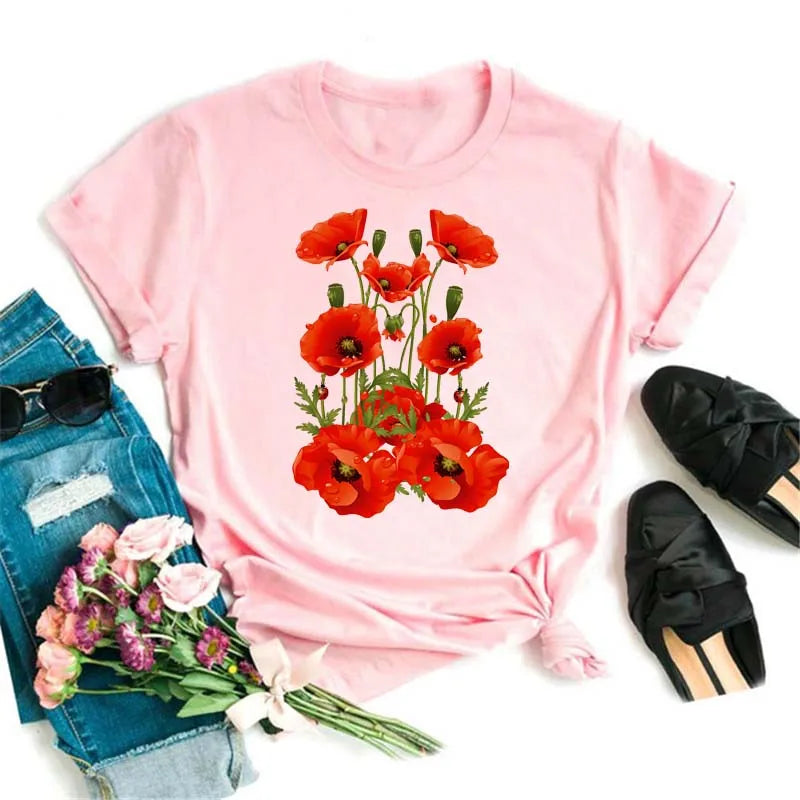 T-Chemise Coquelicot Rouge Noir Harajuku Femme | MDN Store