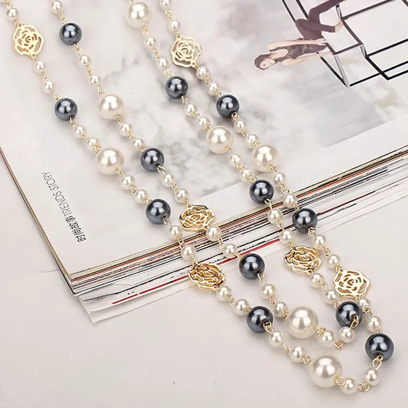 Sautoir Perles Double Rang Fleur Camélia Femme - Long Élégant | MDN Store