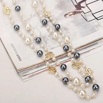 Sautoir Perles Double Rang Fleur Camélia Femme - Long Élégant | MDN Store