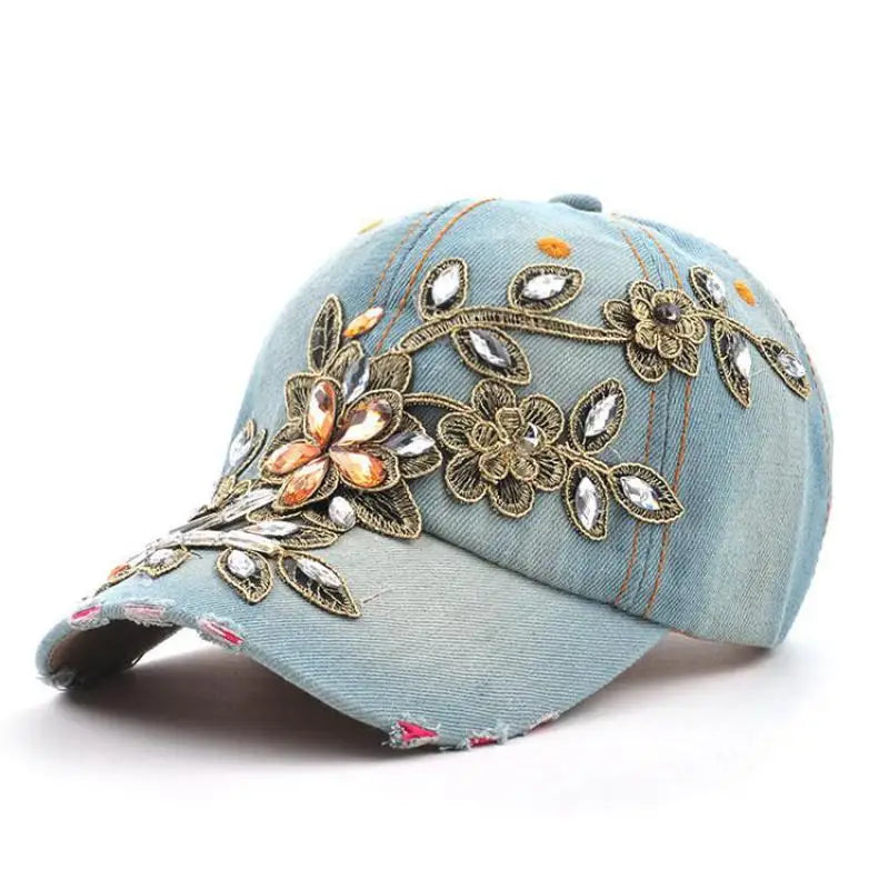 Casquette Baseball Denim Broderie Fleur Femme Reglable Ete | MDN Store 25
