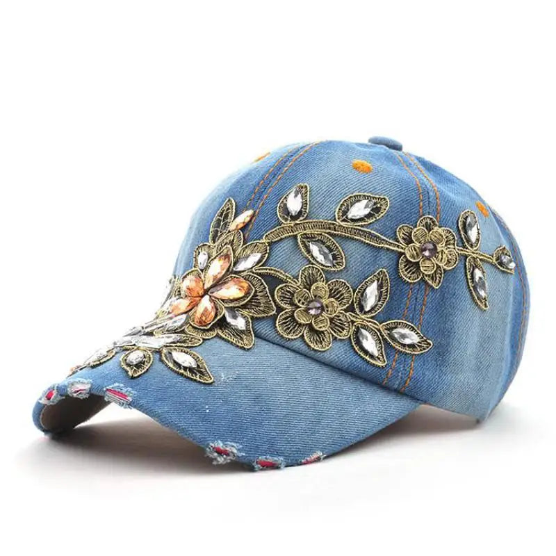 Casquette Baseball Denim Broderie Fleur Femme Reglable Ete | MDN Store 25