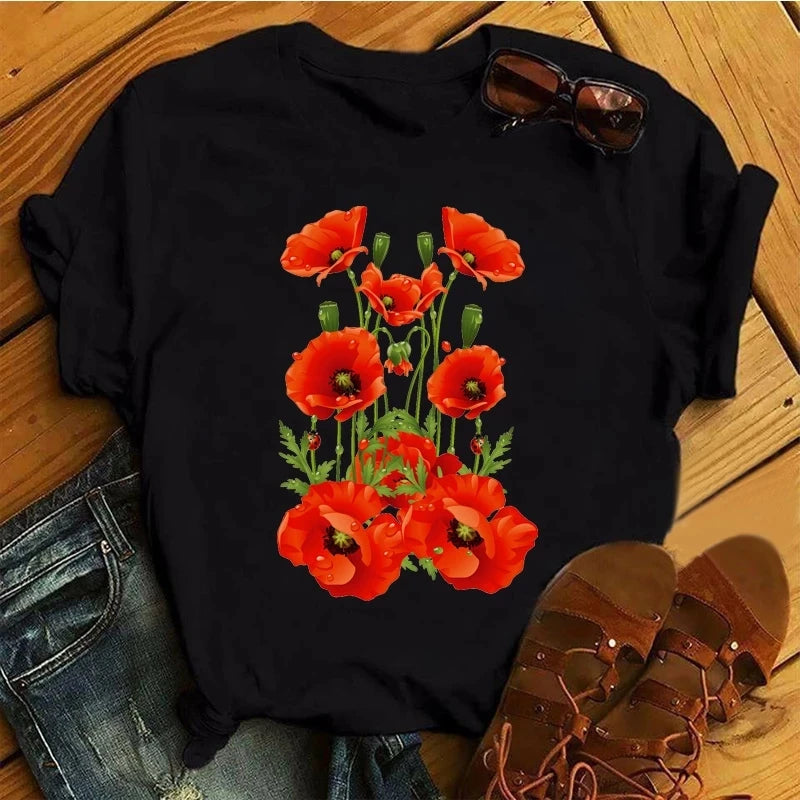 T-Chemise Coquelicot Rouge Noir Harajuku Femme | MDN Store