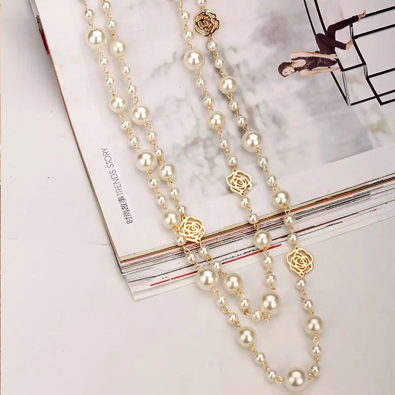 Sautoir Perles Double Rang Fleur Camélia Femme - Long Élégant | MDN Store