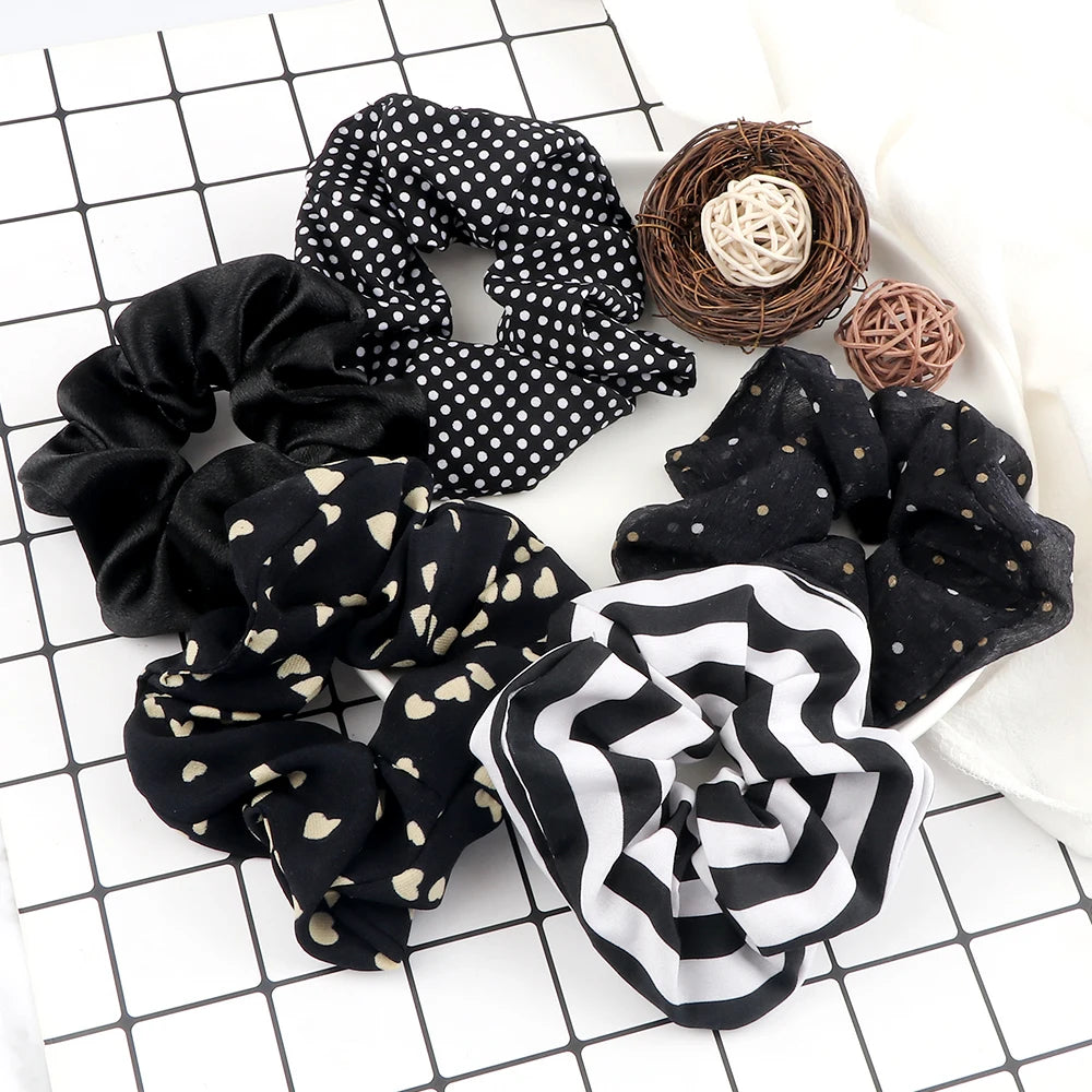 Lot de 3-5 Chouchous Satin Noir et Blanc - Élastiques Cheveux Élégants | MDN Store
