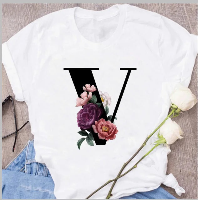T-Shirt Alphabet Imprimé Femme Style Harajuku Décontracté | MDN Store 25