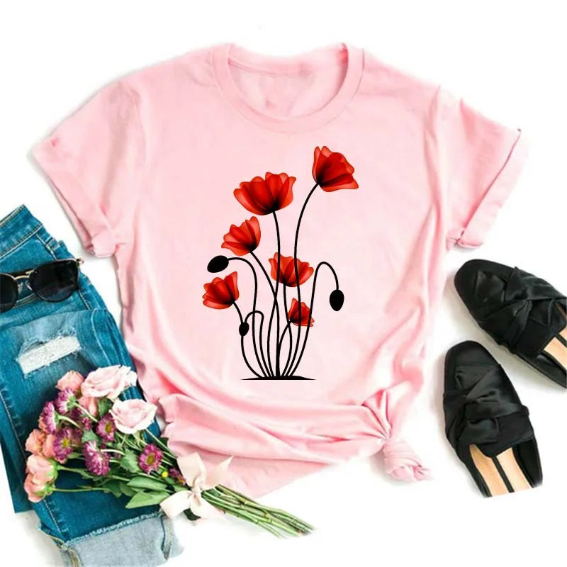 T-Chemise Coquelicot Rouge Noir Harajuku Femme | MDN Store