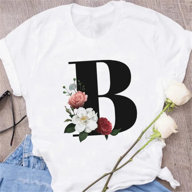 T-Shirt Alphabet Imprimé Femme Style Harajuku Décontracté | MDN Store 25