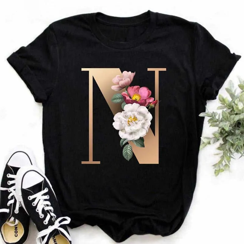 T-Shirt Alphabet Imprimé Femme Style Harajuku Décontracté | MDN Store 25