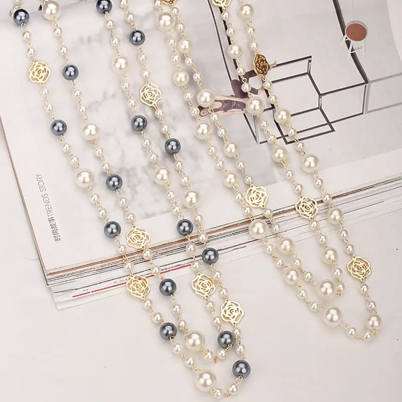 Sautoir Perles Double Rang Fleur Camélia Femme - Long Élégant | MDN Store