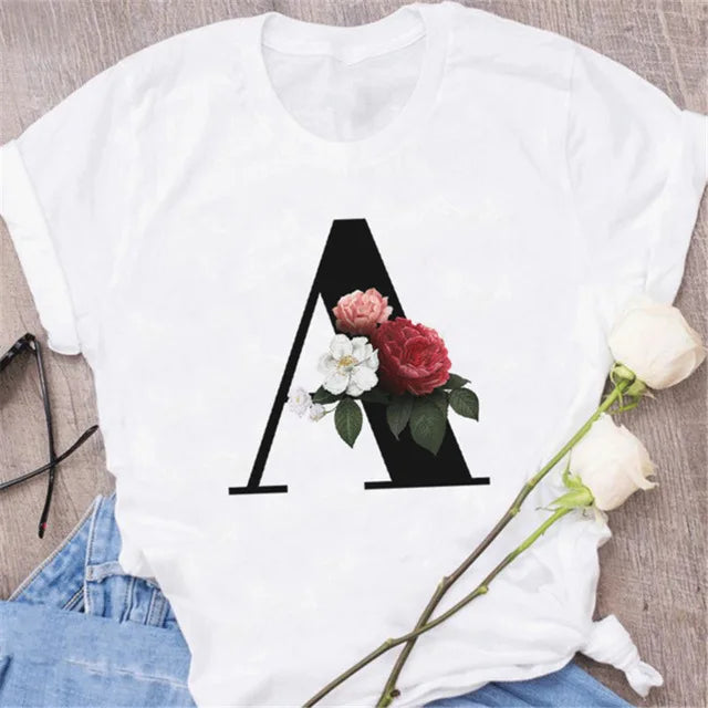 T-Shirt Alphabet Imprimé Femme Style Harajuku Décontracté | MDN Store 25