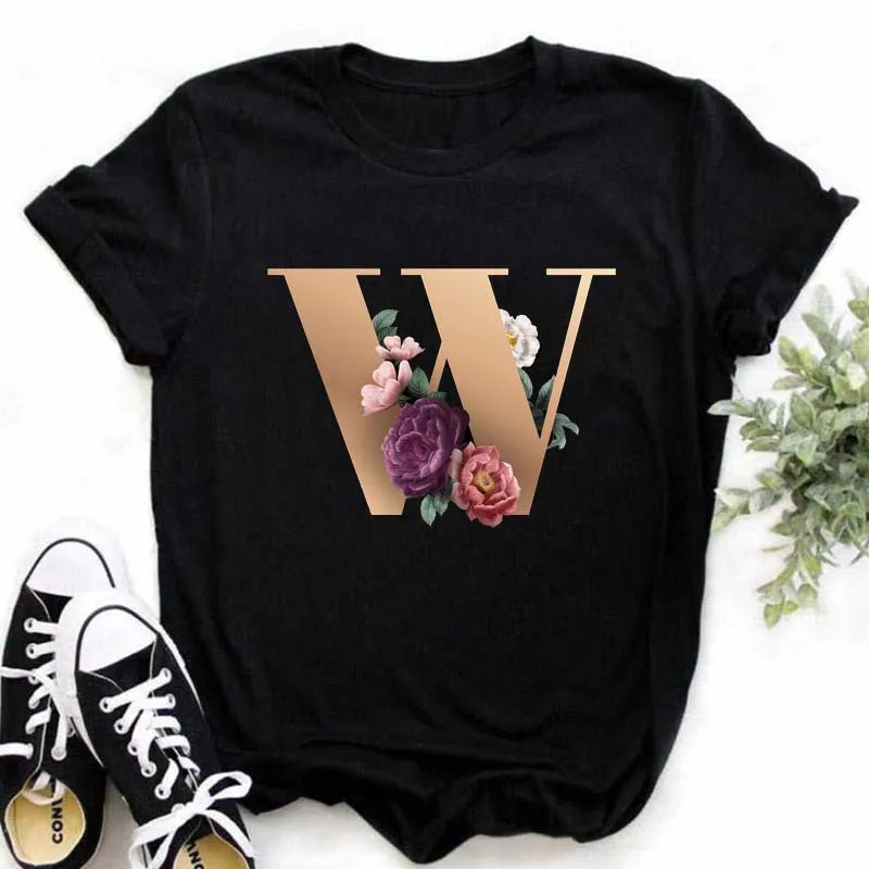 T-Shirt Alphabet Imprimé Femme Style Harajuku Décontracté | MDN Store 25