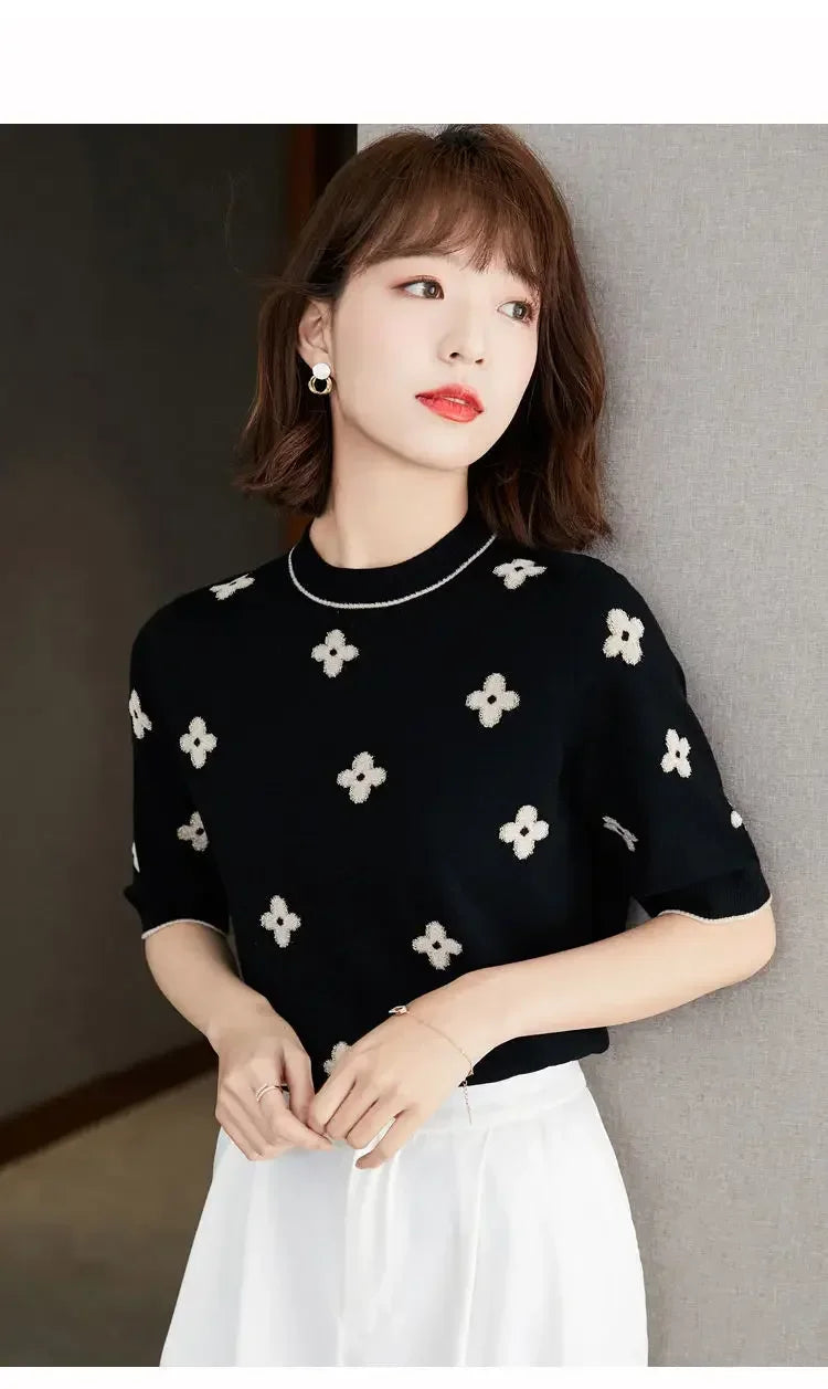 Pull Femme Brodé Fleurs Manche Courte Été Élégant - MDN